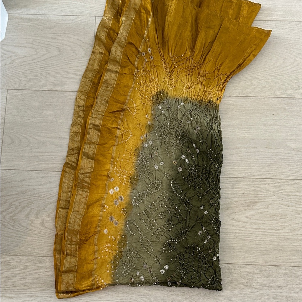Long crinkle scarf 
84” x 40” crinkle scarf yellow and olive